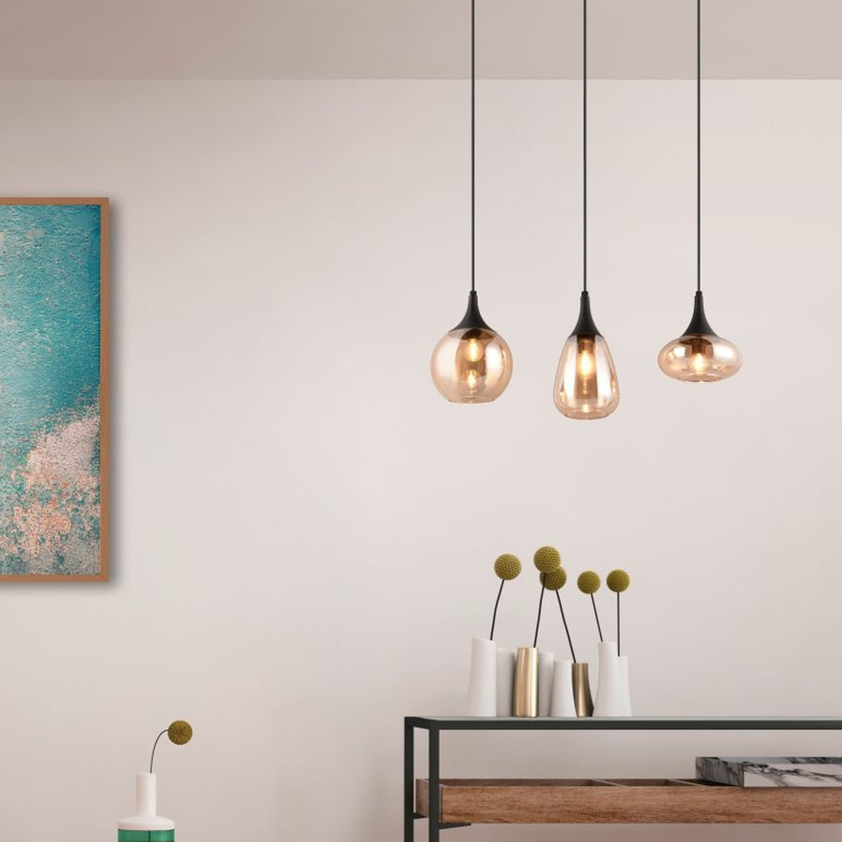 Lumina 3 Light Glass Amber Chandelier – Matt Black