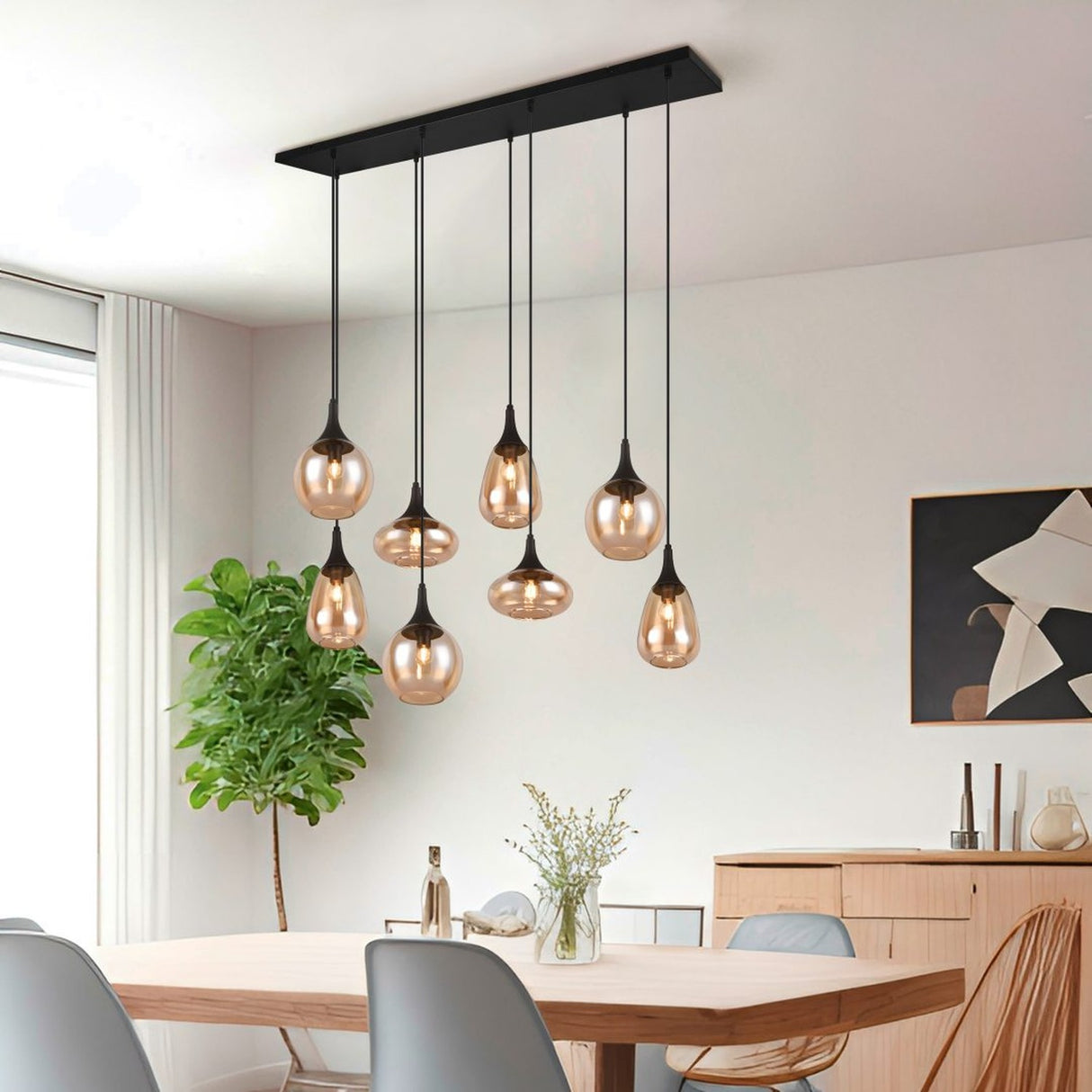 Lumina 8 Light Linear Amber Chandelier – Matt Black