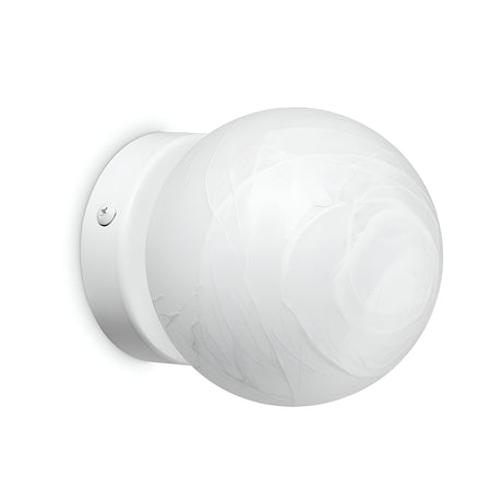 The Gleonis Wall Light in white, measuring 10cm, is a modern wall-mounted fixture with a sleek and glossy spherical design highlighted by subtle swirling patterns. It securely attaches to a cylindrical base with one visible screw on the side for easy installation.