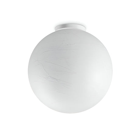 The Gleonis Ceiling Light - White, 40cm is a spherical fixture featuring a smooth, matte white surface with subtle linear patterns and a dimmable function. It mounts on a white base, blending seamlessly with the ceiling. Its minimalist design enhances the modern aesthetic while offering adjustable illumination.