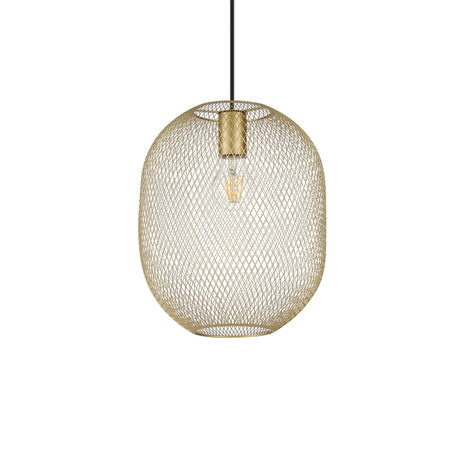 Introducing the Aeron 1 Light Pendant - Gold, 24cm, a modern fixture that exudes industrial charm with its gold spherical shade resembling a finely woven mesh and complemented by a sleek black cord. Its minimalist design showcases a single exposed bulb encased in an intricately crafted metal covering, making it an ideal addition to any contemporary space.