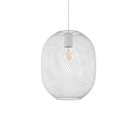 The Aeron 1 Light Pendant - White, 24cm showcases a modern, minimalist aesthetic with its white wire mesh spherical shade that unveils the inner bulb. Providing a warm glow, this dimmable pendant light gracefully suspends from a white cord against a plain white background.