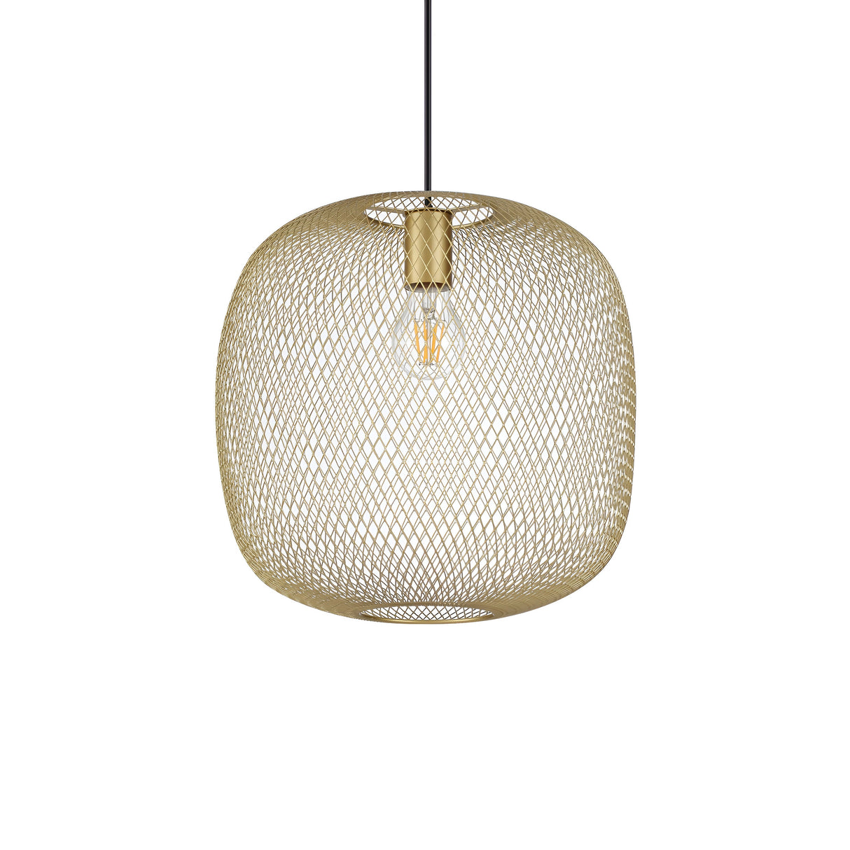 The Aeron 1 Light Pendant - Gold, 34cm features a woven mesh shade with a gold finish, suspended from a black cord. The visible bulb emits a warm glow, adding an elegant and contemporary touch to any space.