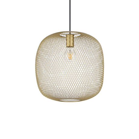 The Aeron 1 Light Pendant - Gold, 34cm features a woven mesh shade with a gold finish, suspended from a black cord. The visible bulb emits a warm glow, adding an elegant and contemporary touch to any space.