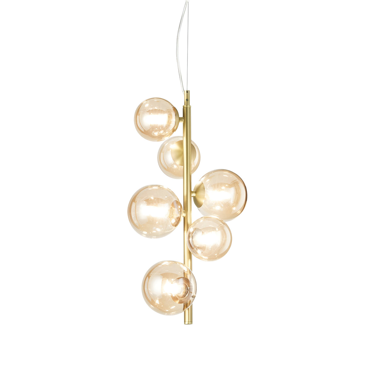 Introducing the Solana 6 Light Drop Suspension in Brass, a sophisticated fixture with a gold pendant adorned by several spherical glass bulbs clustered around a central vertical rod. Each bulb radiates a warm glow, offering a contemporary and elegant design. This luxurious lighting piece is suspended by a thin wire.