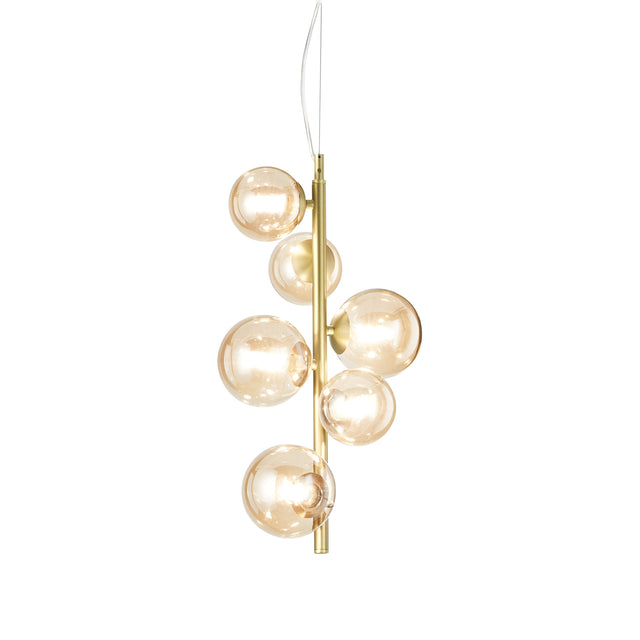 Introducing the Solana 6 Light Drop Suspension in Brass, a sophisticated fixture with a gold pendant adorned by several spherical glass bulbs clustered around a central vertical rod. Each bulb radiates a warm glow, offering a contemporary and elegant design. This luxurious lighting piece is suspended by a thin wire.