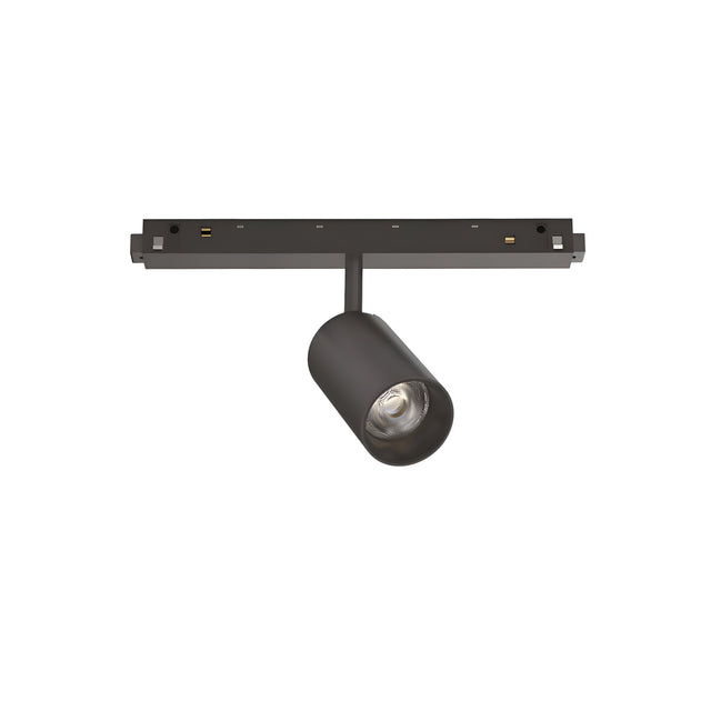 A contemporary track light designed for ceiling installation, featuring the Luxeon LED Magnetic Track Spotlight 8W 4000K in black. It includes a cylindrical spotlight attached to a rectangular base, with an adjustable head for directional lighting.