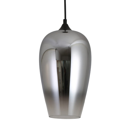 Niori Slice Glass Pendant Light in chrome, a tapered teardrop shade with mirrored finish fading to translucent silver, on a matt black cap and cable.