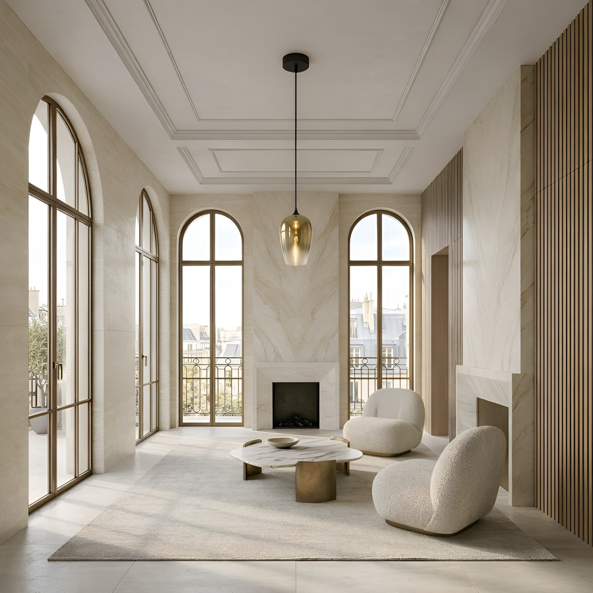 A modern, minimalist living room with large arched windows, cream walls, a marble fireplace, two rounded beige armchairs, a marble coffee table, the Slice Glass Pendant Light - Gold overhead, and city rooftops visible outside.