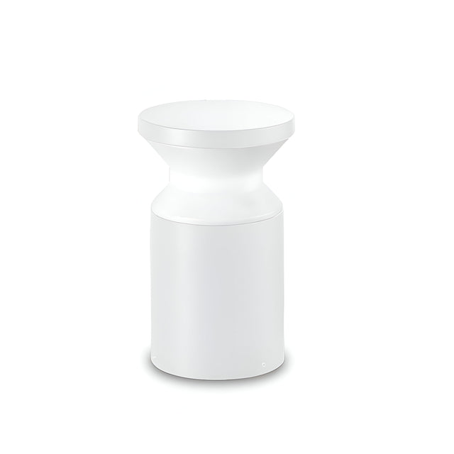 Inspired by modern, minimalist design, the Radiantix Outdoor Bollard Light in white features a sleek cylindrical base and flared, concave elements finished in a powder-coated white, showcased against a plain white backdrop.