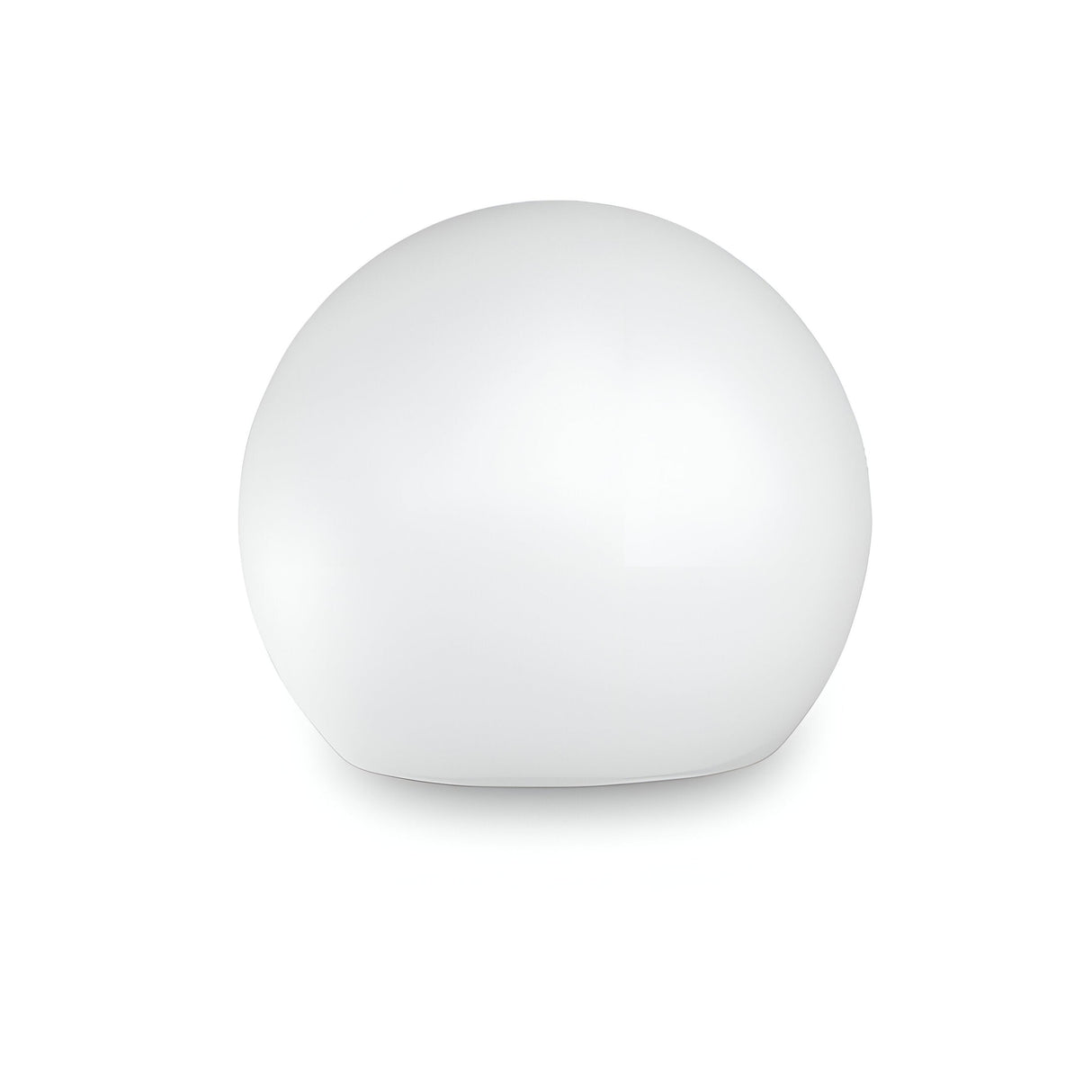 Against a minimalist white backdrop, the Lucidra Outdoor Pedestal Light in white, measuring 20cm, presents itself as a smooth, glossy sphere akin to an opal plastic diffuser. Its gentle illumination creates a subtle shadow beneath it.