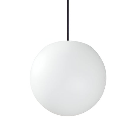 The Lucidra 1 Light Outdoor Pendant - White, 20cm boasts a minimalist spherical design in white, complete with an opal diffuser, all elegantly suspended by a sleek black rod—ideal for adding a modern touch to any plain background.