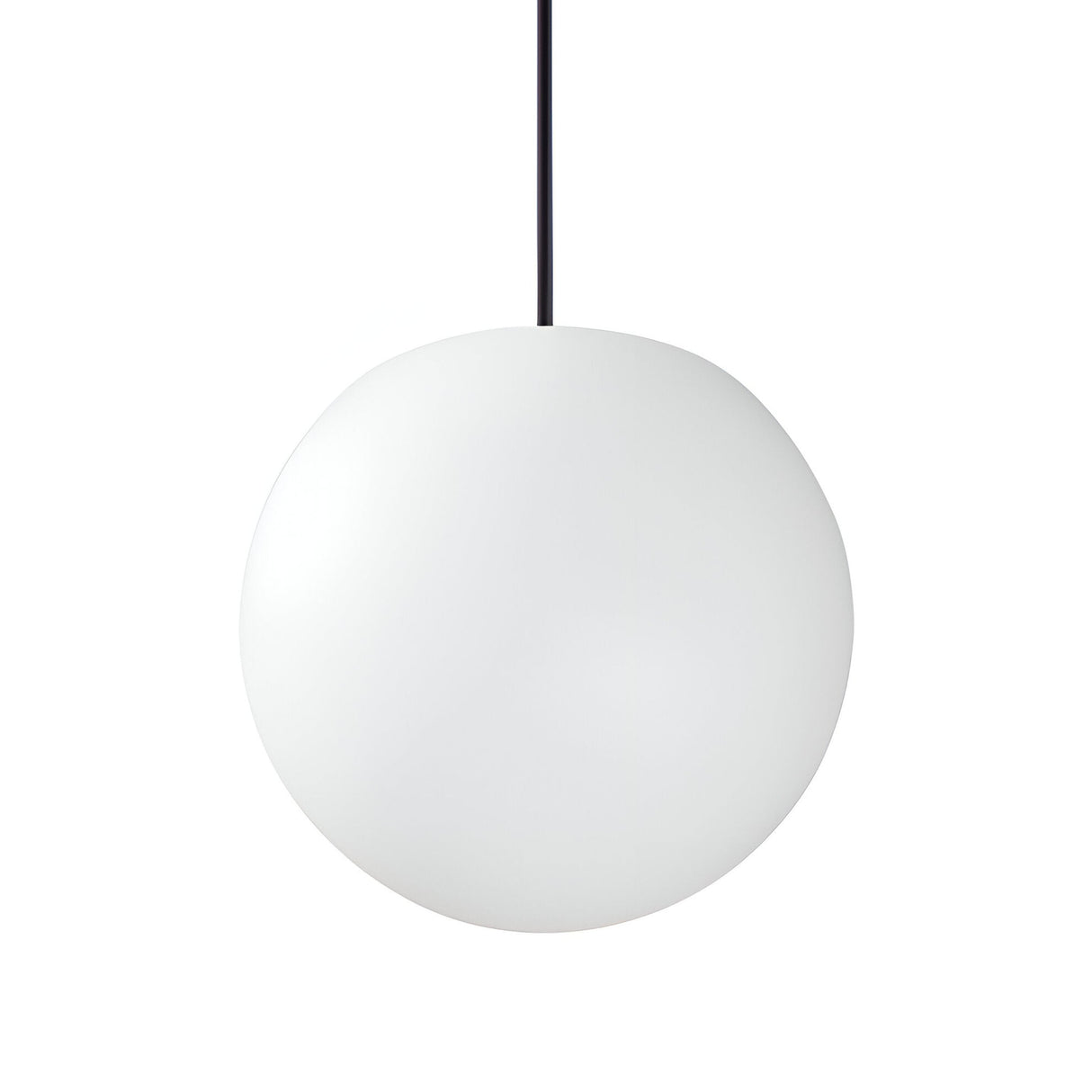 The Lucidra 1 Light Outdoor Pendant in white, measuring 30cm, showcases a sleek modern design with a minimalist spherical shape. It hangs from a black cord against a plain white background and features an opal diffuser for soft illumination.