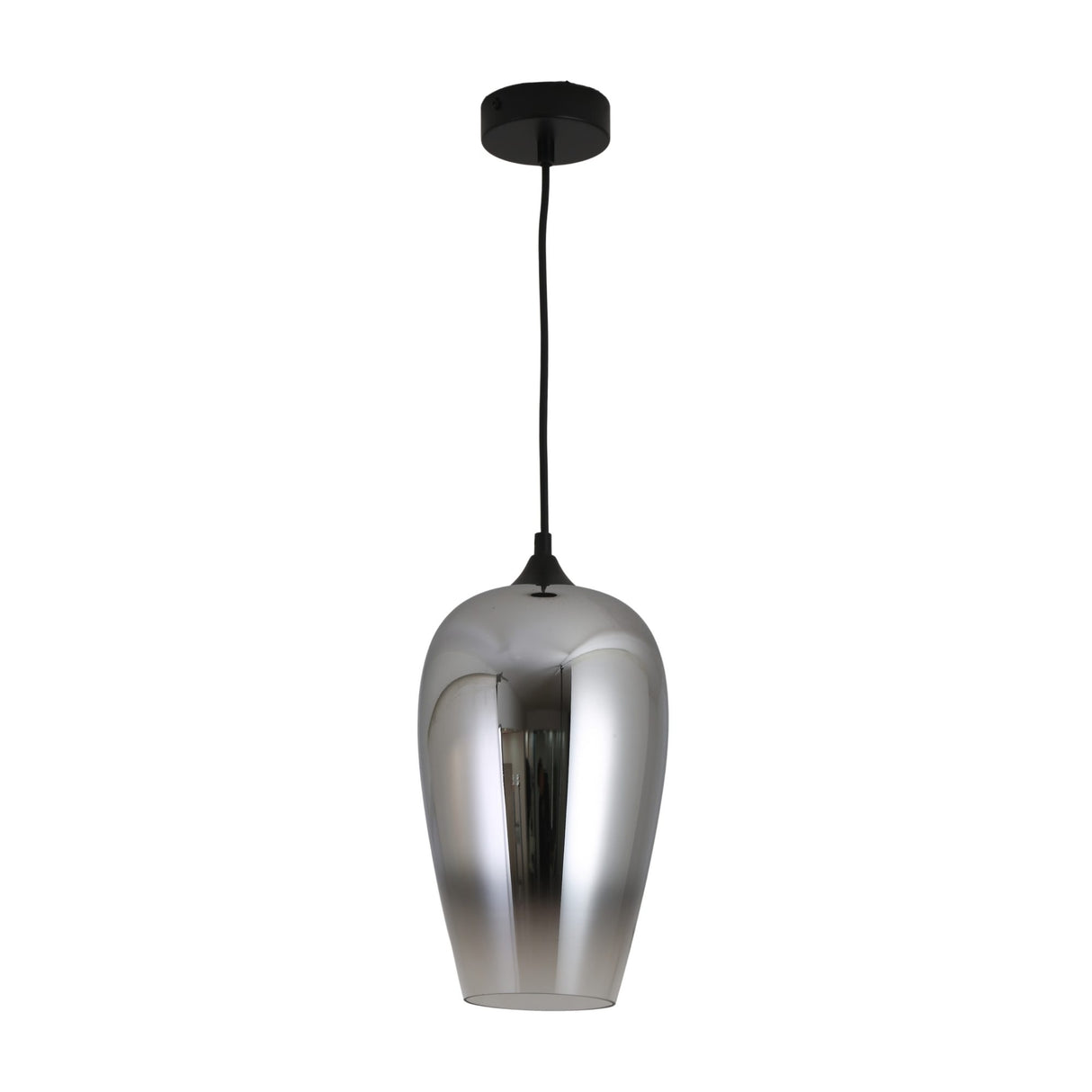 Niori Slice Glass Pendant Light in chrome, tapered teardrop mirrored shade fading to translucent silver, on a matt black cable and ceiling cap.