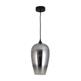 Niori Slice Glass Pendant Light in chrome, tapered teardrop mirrored shade fading to translucent silver, on a matt black cable and ceiling cap.