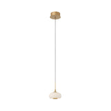 The Aurevia LED Dome Alabaster Single Pendant Light – Brushed Brass features a minimalist, modern design with a round brass ceiling mount, long black cord, and small frosted glass shade accented by elegant alabaster and gold details.