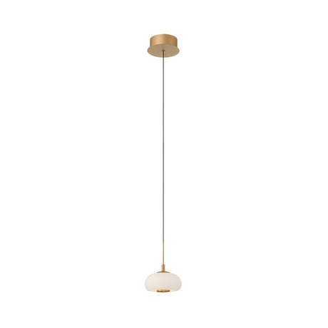 The Aurevia LED Dome Alabaster Single Pendant Light – Brushed Brass features a minimalist, modern design with a round brass ceiling mount, long black cord, and small frosted glass shade accented by elegant alabaster and gold details.