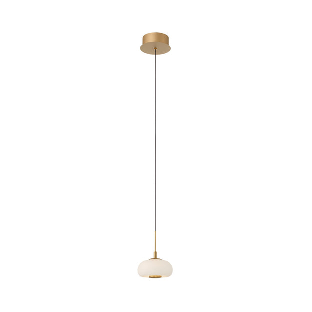 The Aurevia LED Dome Alabaster Single Pendant Light – Brushed Brass features a minimalist, modern design with a round brass ceiling mount, long black cord, and small frosted glass shade accented by elegant alabaster and gold details.