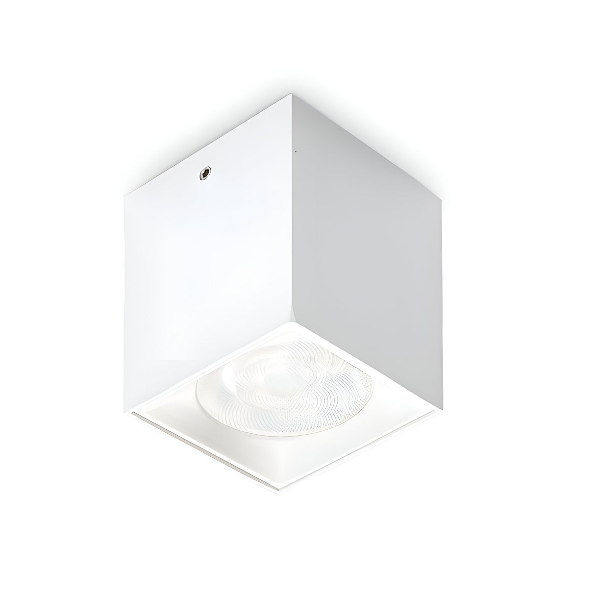 The Solace LED Square Downlight 4W 3000K - White embodies a minimalistic aesthetic, featuring a sleek geometric design with a recessed bulb elegantly mounted on a white ceiling.