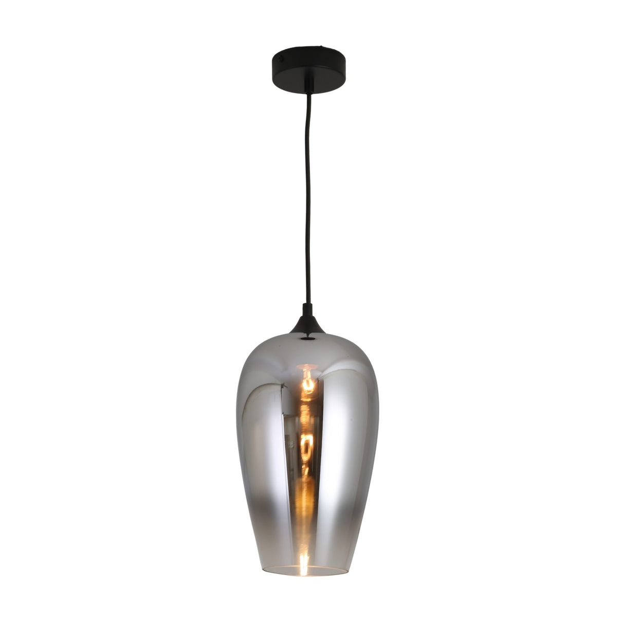 Niori Slice Glass Pendant Light in chrome, a tapered teardrop shade with mirrored finish fading to translucent silver, on a matt black cap and cable.