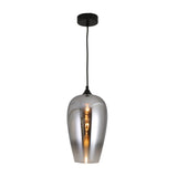 Niori Slice Glass Pendant Light in chrome, a tapered teardrop shade with mirrored finish fading to translucent silver, on a matt black cap and cable.