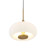 The Aurevia 5 Light LED Dome Alabaster Cluster Pendant Light features brushed brass accents and a round alabaster shade, suspended from black cords for a modern look.