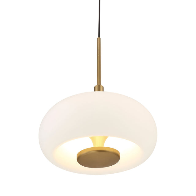 Niori Aurevia pendant light with a rounded white alabaster shade, brushed brass disc and stem, suspended on a black cable against a plain background.