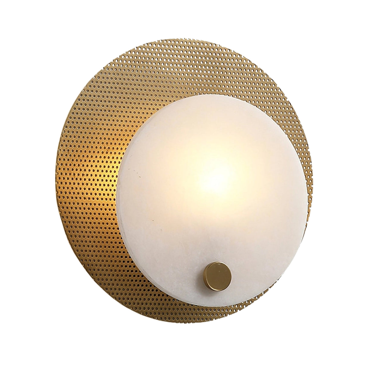 The Avelora LED Round Alabaster Wall Light features a soft white frosted glass shade set before a textured circular brass backplate, accented with a small brass knob at the bottom for added elegance.