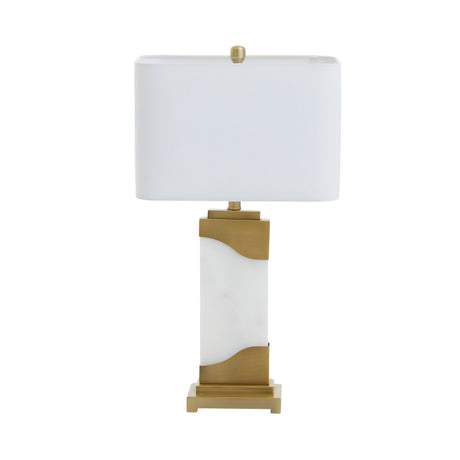 The Torvani 1 Light Statement Marble Table Lamp in brass and white features a rectangular white shade, a marble-inspired base, and elegant gold accents—ideal as a stylish statement piece for any room.