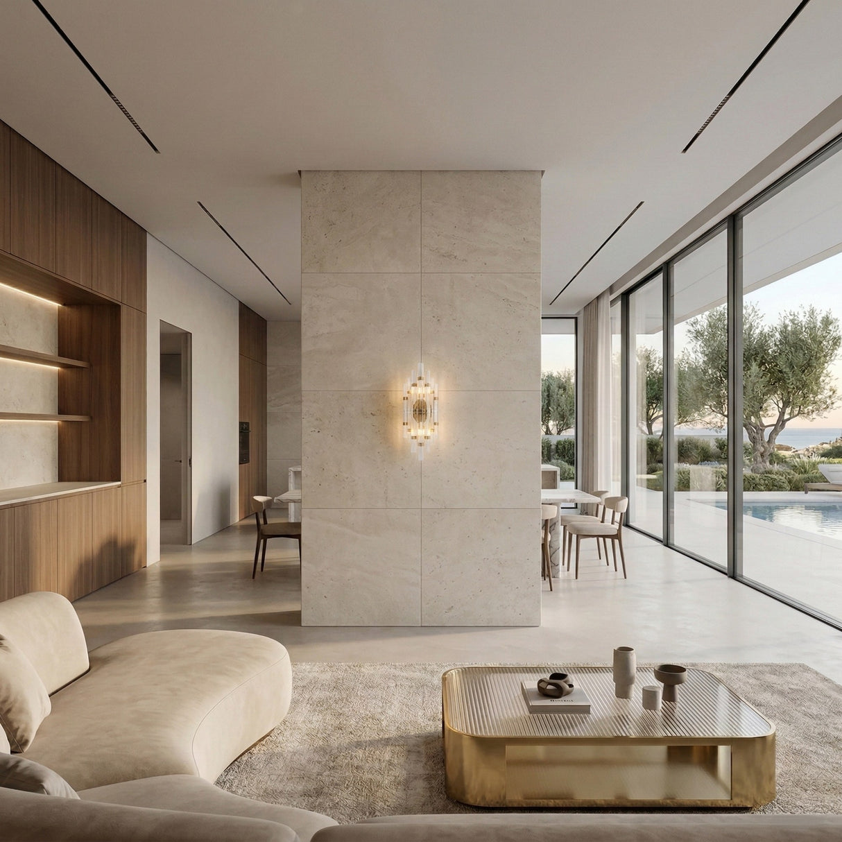 Niori Magari 2 Light Crystal Glass Wall Light in gold mounted on a travertine partition in a minimalist living room with beige sofa and pool views.