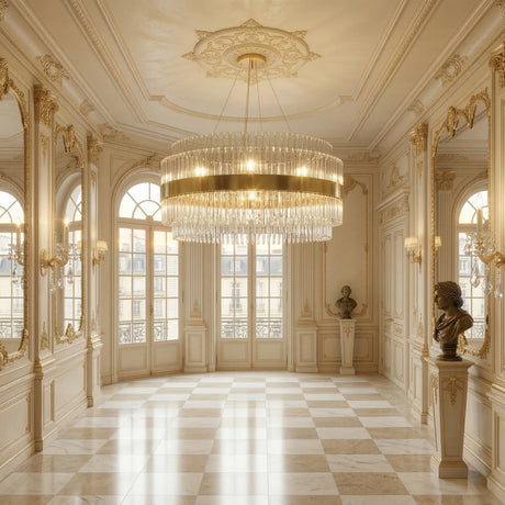 An elegant, sunlit ballroom with tall arched windows, ornate gold trim, marble floors, and classical bust sculptures is illuminated by the Liberty 24 Light Brass & Crystal Glass Chandelier in gold for a truly luxurious interior.