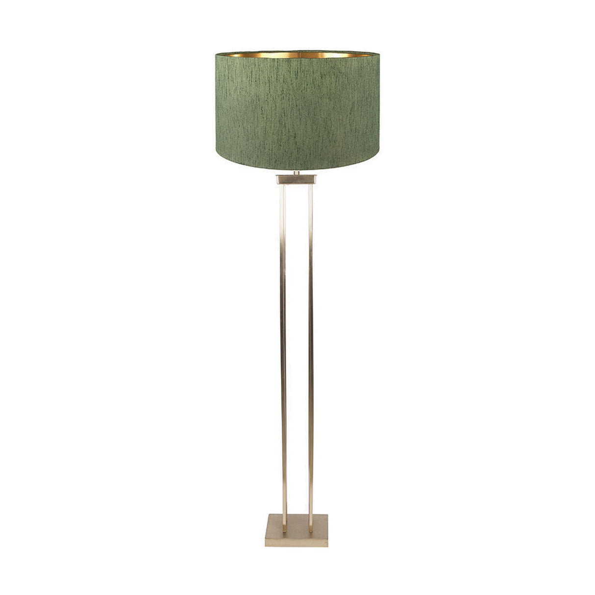 Langston Satin Brass Column Floor Lamp with Green Slubbed Silk Shade