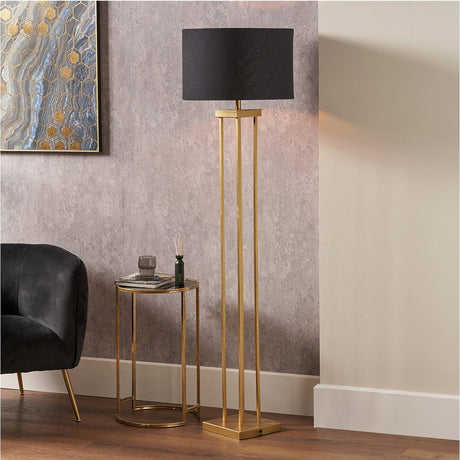 Langston Satin Brass Column Floor Lamp with Black Self Lined Shade