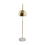 Feliciani floor lamp, 179cm, with a brushed brass dome shade and slim stem on a round white marble base, shown against a plain white background.