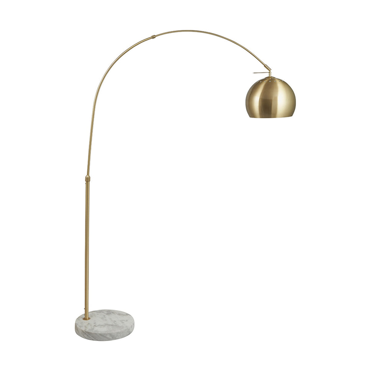 Feliciani floor lamp, 179cm, with an arched brushed brass frame, round metal shade, and a white marble base, shown on a plain white background.