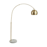 Feliciani floor lamp, 179cm, with an arched brushed brass frame, round metal shade, and a white marble base, shown on a plain white background.