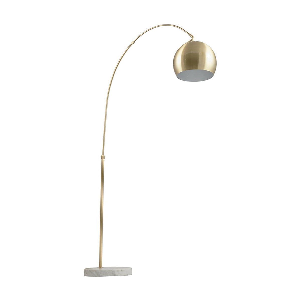 Feliciani Brushed Brass & White Marble Floor Lamp, 179cm, with a curved arching stem, round metal shade, and marble base, shown on a plain white background.
