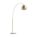 Feliciani Brushed Brass & White Marble Floor Lamp, 179cm, with a curved arching stem, round metal shade, and marble base, shown on a plain white background.