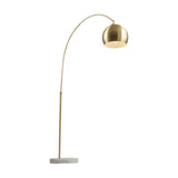 Feliciani floor lamp with curved brushed brass arm, dome-shaped metal shade and round white marble base, shown on a plain white background.