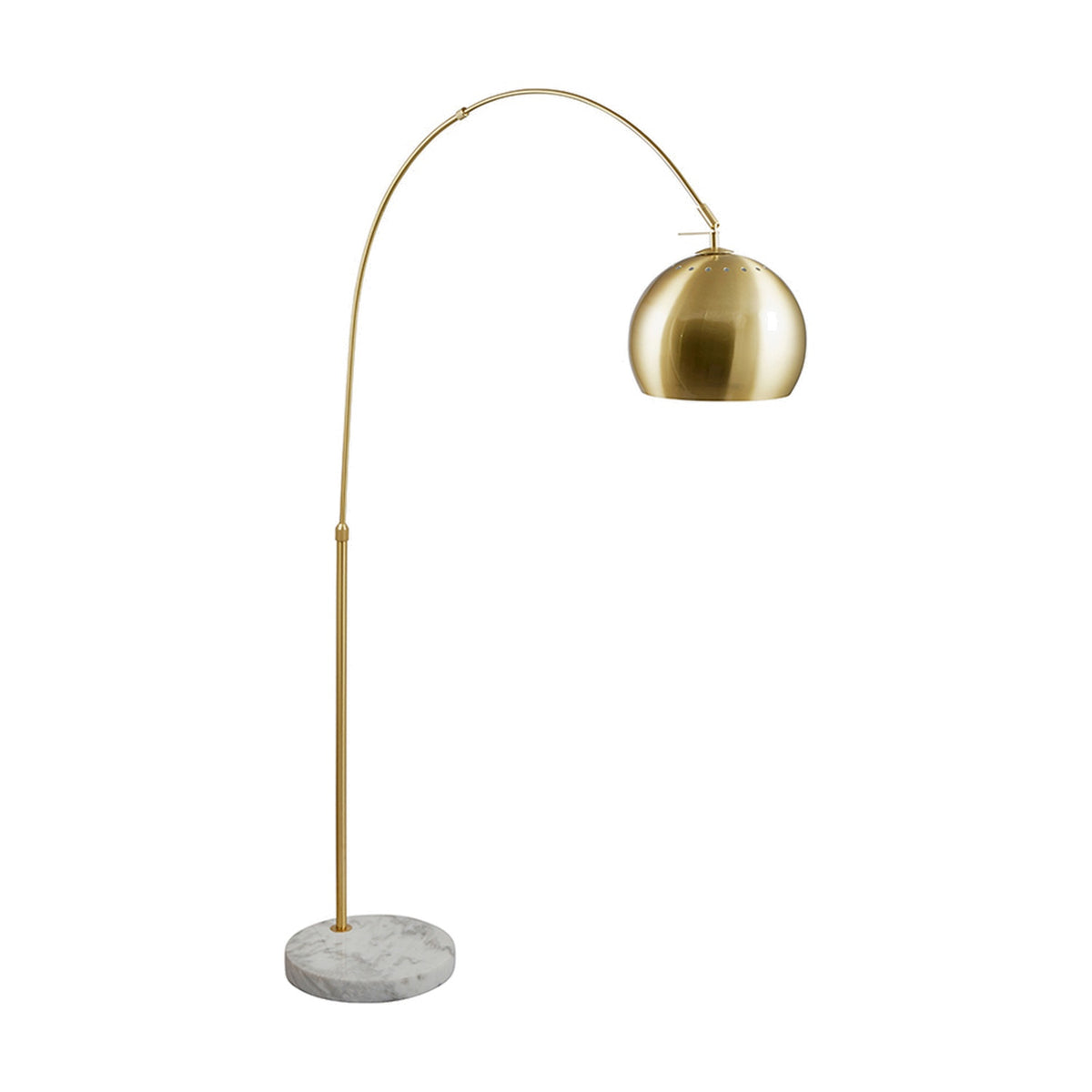 Feliciani Brushed Brass & White Marble Floor Lamp, 179cm, with an arched stem, round metal shade, and marble base, shown on a plain white background.
