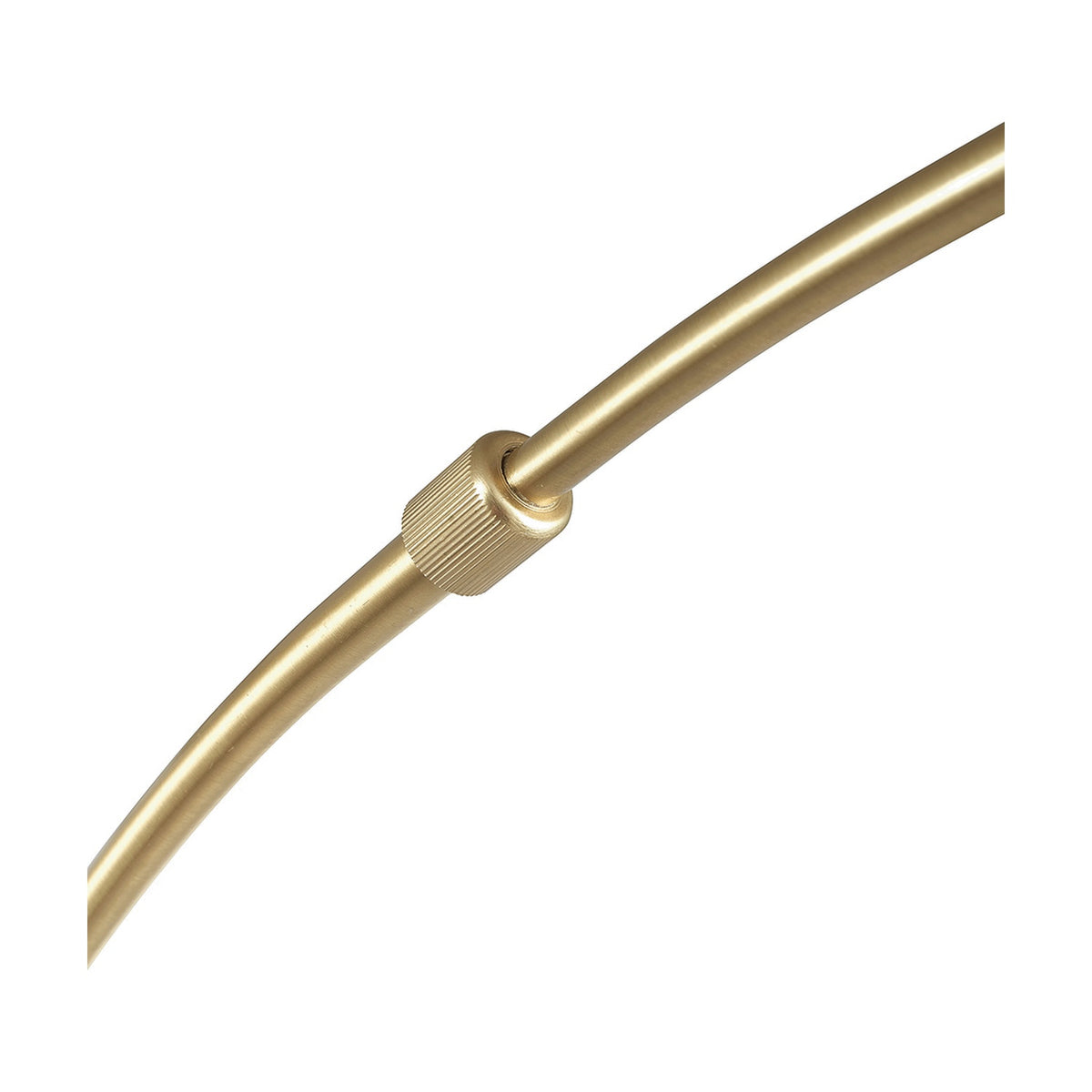 Close-up of the Feliciani floor lamp's curved brushed brass rod with a ridged cylindrical joint connector, shown against a plain white background.