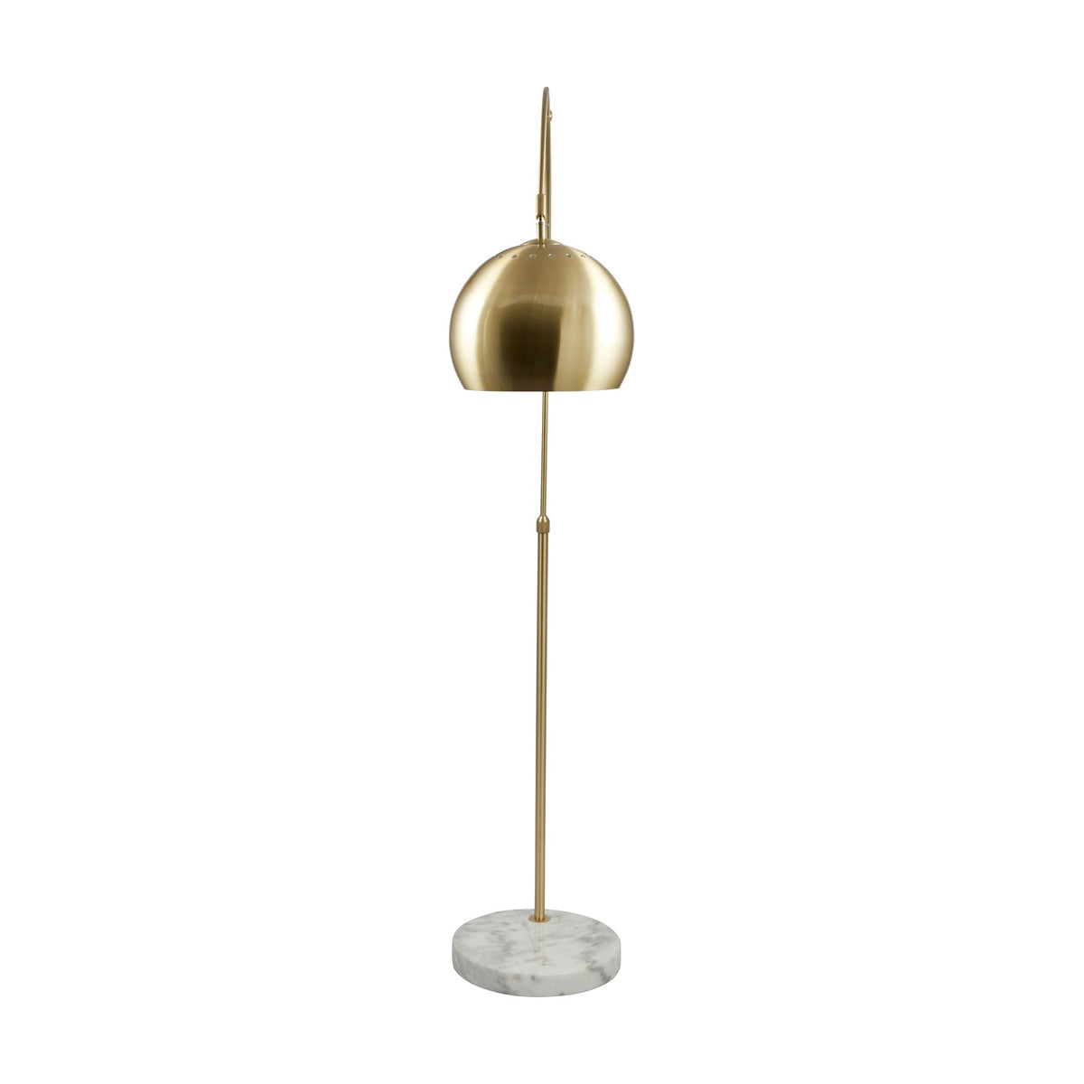 Feliciani floor lamp, 179cm, with a brushed brass dome shade on a slim adjustable stem and round white marble base, shown against a plain white background.
