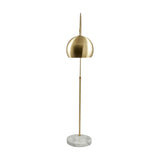 Feliciani floor lamp, 179cm, with a brushed brass dome shade on a slim adjustable stem and round white marble base, shown against a plain white background.