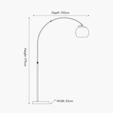 Line drawing of the Feliciani floor lamp showing an arched brushed brass frame with round shade, marble base, and dimensions: 179cm height, 130cm depth, 35cm width.