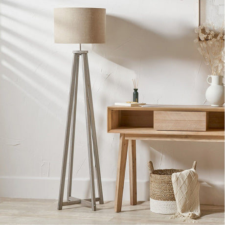 Whitby Grey Wash Wood Tapered 4 Post Floor Lamp with Linen Shade