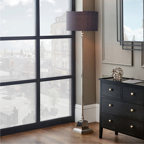 Claudius Nickel Stick Floor Lamp with Grey Handloom Cylinder Shade