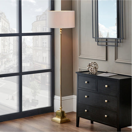 Claudius Gold Metal Stick Floor Lamp with White Handloom Shade
