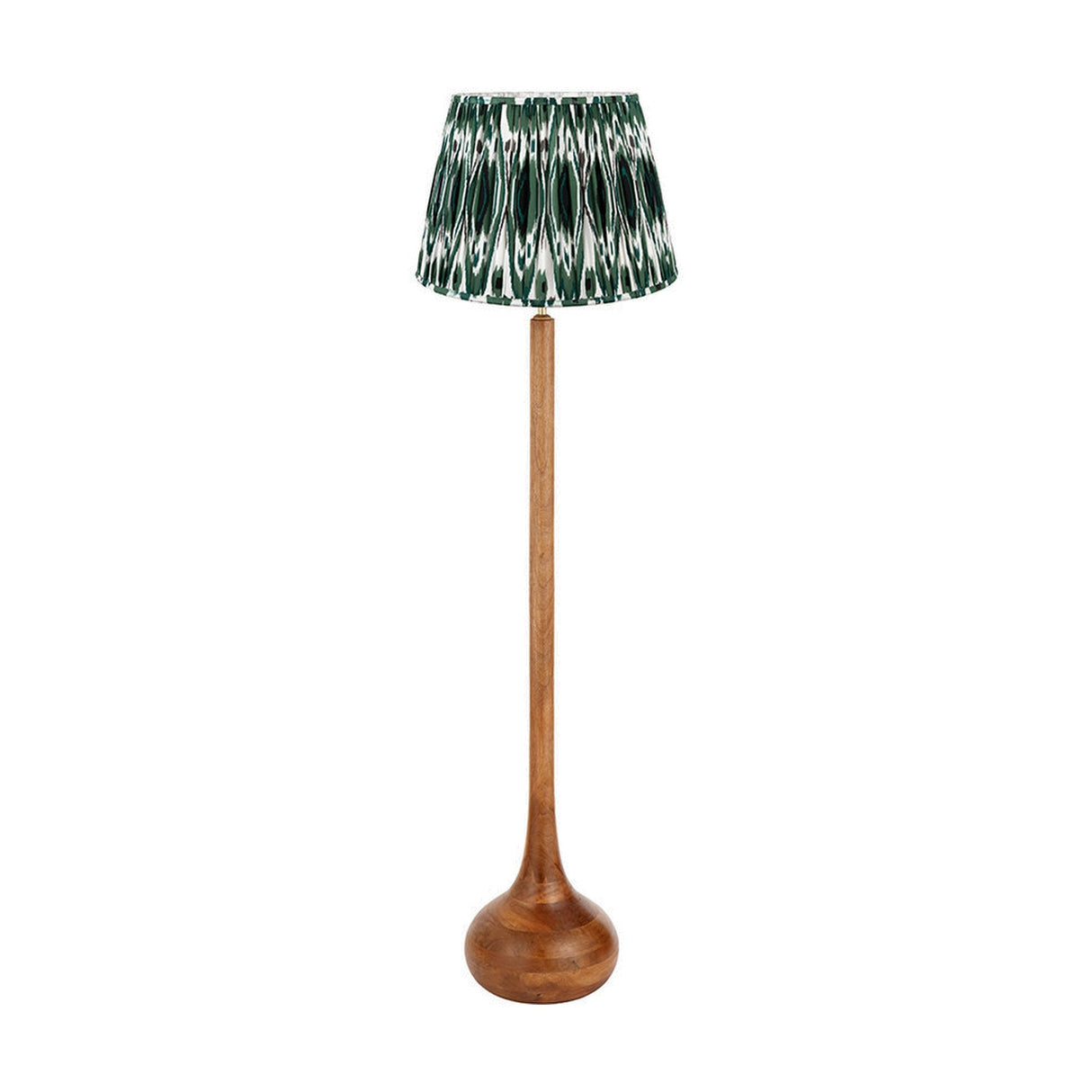 Toma Oiled Wood Tall Neck Floor Lamp with Racing Green Ikat Shade
