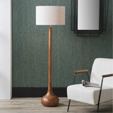 Toma Oiled Wood Tall Neck Floor Lamp with White Self Lined Shade
