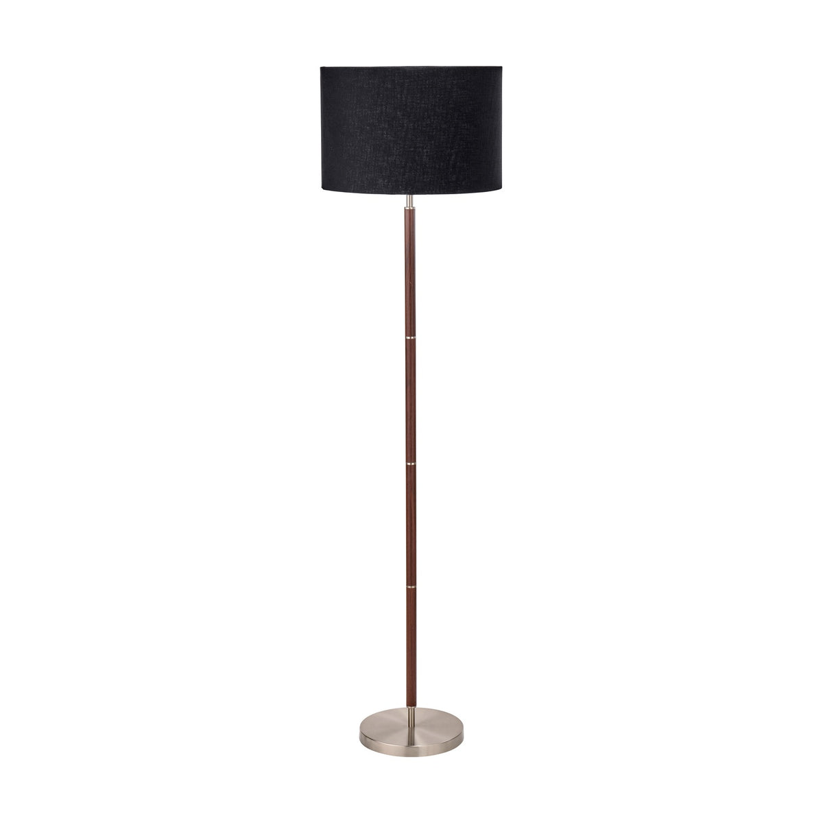 Gianni floor lamp, 157cm tall, with a black drum fabric shade and slender wood-effect stem on a round brushed silver base, shown on a plain white background.